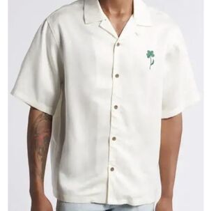 PacSun Cream Casual Button Down Shirt with Green Clover